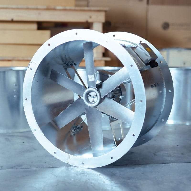 TDF Inline Heavy Duty Tube Axial Fan manufactured in the United Arab Emirates for industrial use with aerodynamic design, galvanized steel casing, aluminum alloy impeller, and TEFC motor.