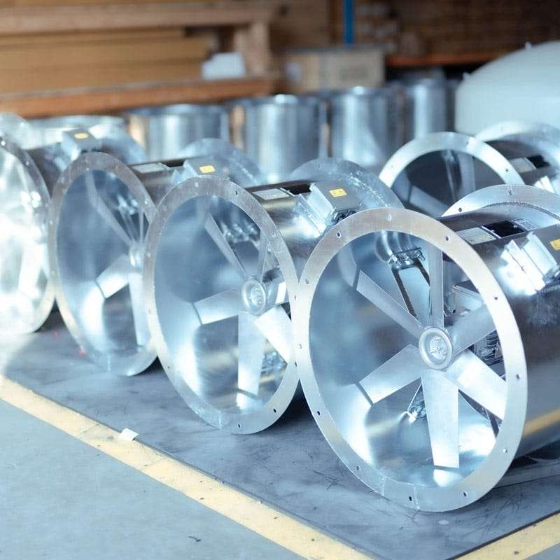 TDF Inline Heavy Duty Tube Axial Fan manufactured in the United Arab Emirates for industrial use with aerodynamic design, galvanized steel casing, aluminum alloy impeller, and TEFC motor.
