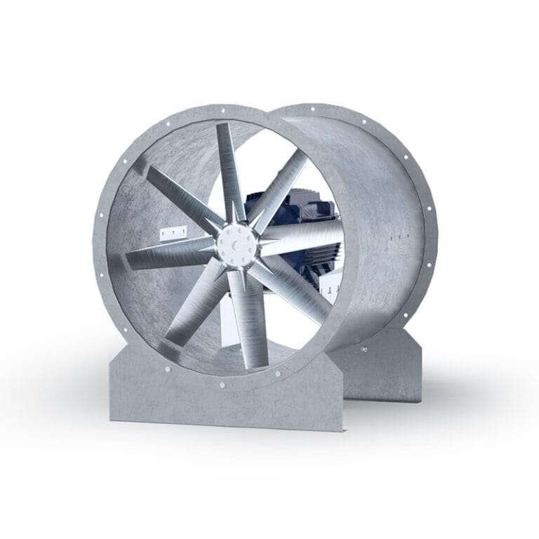 TDF Inline Heavy Duty Tube Axial Fan manufactured in the United Arab Emirates for industrial use with aerodynamic design, galvanized steel casing, aluminum alloy impeller, and TEFC motor.