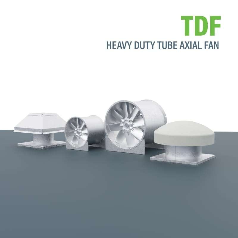 TDF Inline Heavy Duty Tube Axial Fan manufactured in the United Arab Emirates for industrial use with aerodynamic design, galvanized steel casing, aluminum alloy impeller, and TEFC motor.