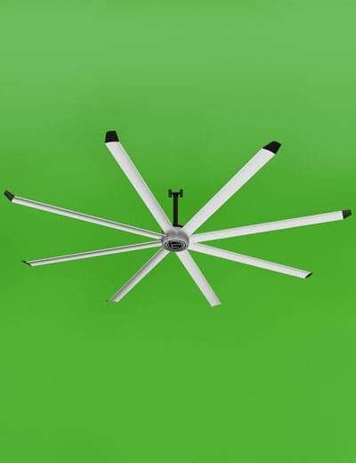 Ceiling-mounted HVLS fan with large, slow-moving blades circulating air in a spacious industrial facility